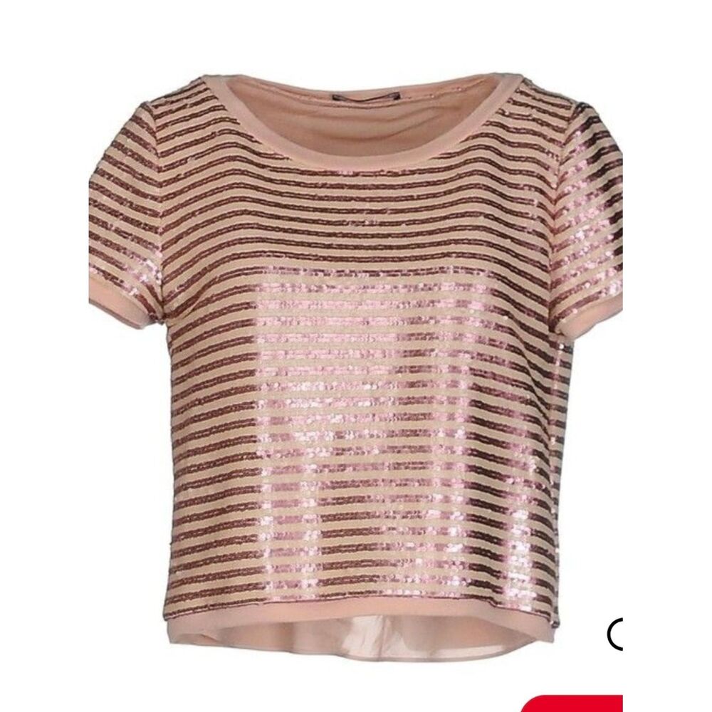 Liu Jo Pink Gold Striped Sequin Short Sleeve Tee Split Back Crop Top Womens M L